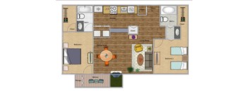 A floor plan of a house with two bedrooms, a living room, a dining room, a kitchen, a bathroom, a storage area, and a balcony.