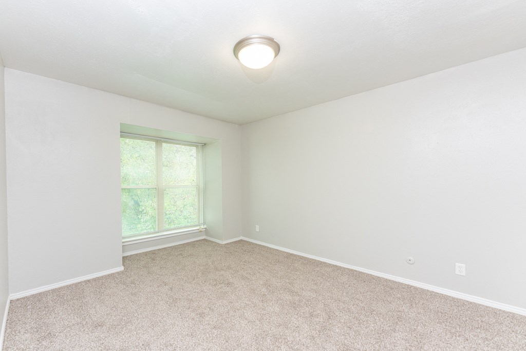 an empty room with carpet and a window