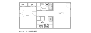 a floor plan of a studio apartment with a bedroom and a living room