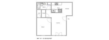 a floor plan of a studio apartment with a bedroom and a living room