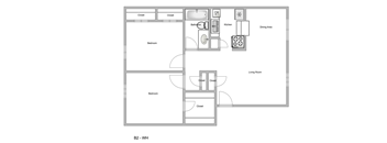 a floor plan of a studio apartment with a bedroom and a living room