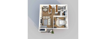 A 3D floor plan of a small apartment with a kitchen, living room, and bedroom.