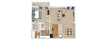 A top-down view of a 1 bedroom floorplan with a living room and dining area with furniture and decor.