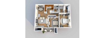A top-down view of a well-organized apartment with a kitchen, living room, and bedrooms.