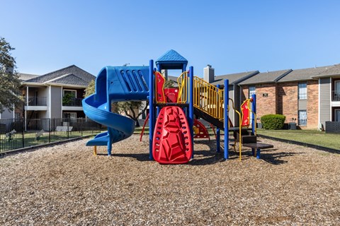 a large red and blue attraction in the middle of a