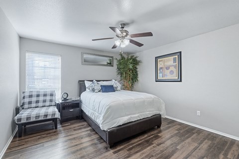 a bedroom with a ceiling fan and a bed