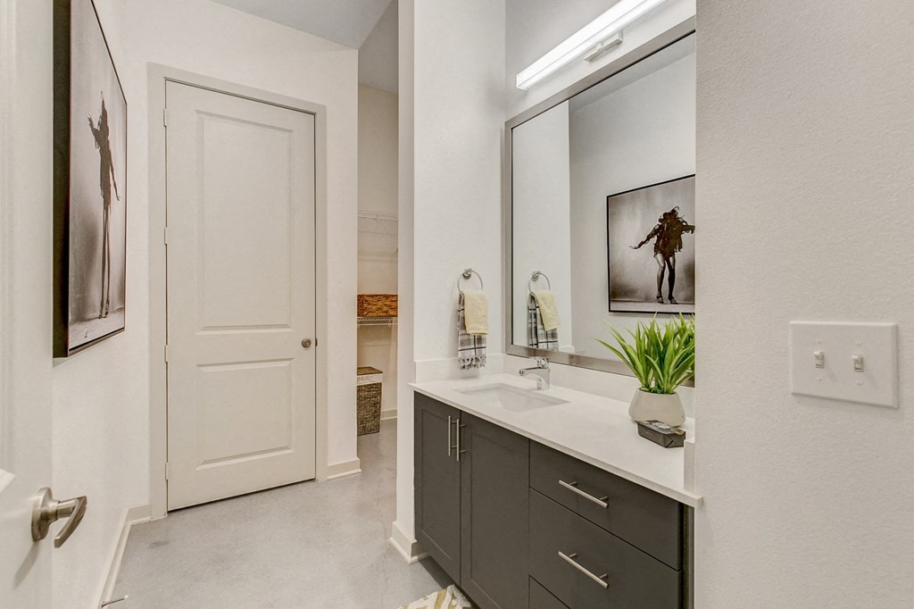 a bathroom with a large mirror and a sink