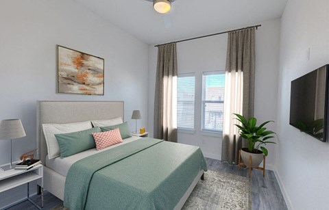 a bedroom with a bed and a window