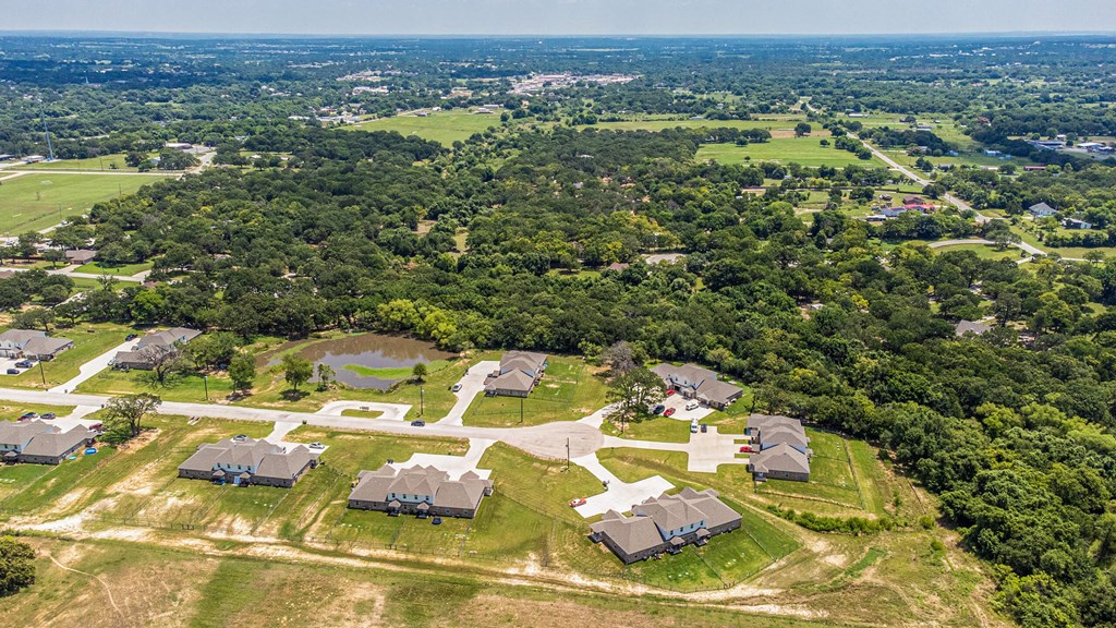an aerial view of a group of houses and a field
