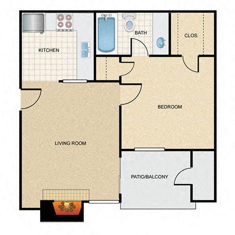A floor plan of a house with a kitchen, living room, bedroom, bathroom, and patio/balcony.