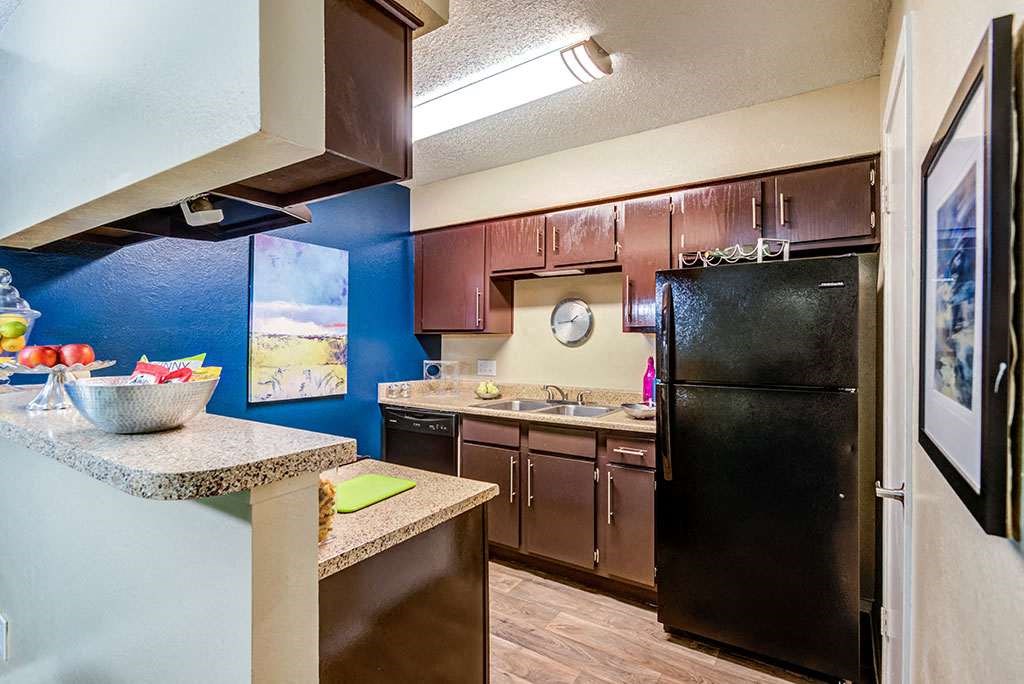 a kitchen with a black refrigerator and a sink