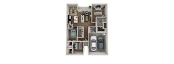 a 3d rendering of a floor plan with cars and a garage