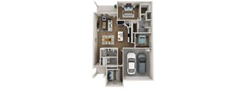 a stylized floor plan of a house with two cars in it
