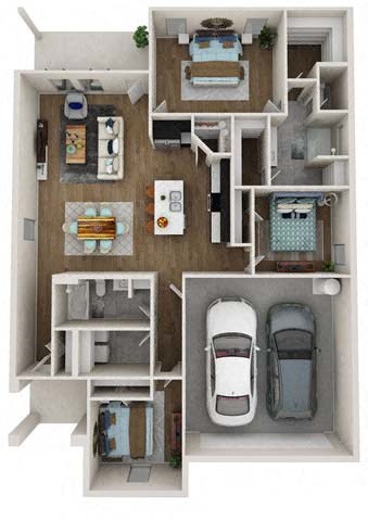 a stylized floor plan of a house with two cars in it