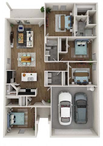 a 3d rendering of a floor plan with cars and a balcony