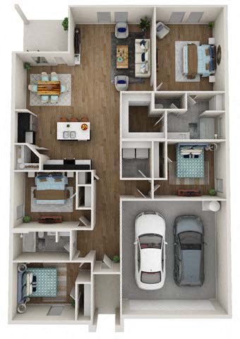 a 3d rendering of a floor plan with cars in it