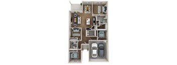 a 3d rendering of a floor plan with cars and a garage