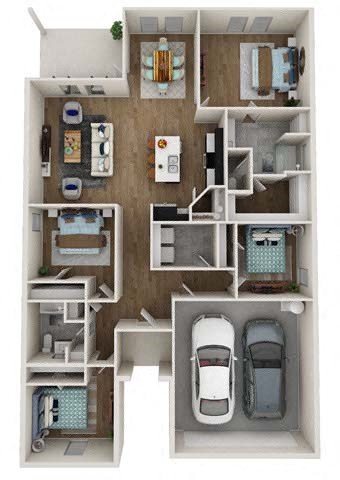 a 3d rendering of a floor plan with cars and a garage