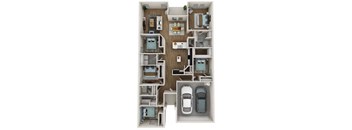 3d floor plan of a residence with cars in the garage