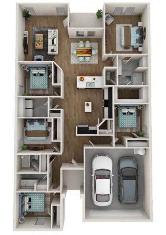3d floor plan of a residence with cars in the garage