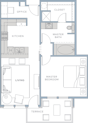 a floor plan of a small apartment with a bathroom and a bedroom