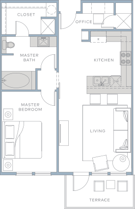 a floor plan of a small apartment with a bedroom and a living room
