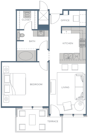 the floor plan of a small house with a bathroom and a kitchen