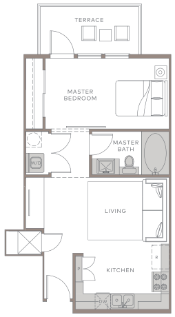 a floor plan of a small apartment with a bathroom and a bedroom