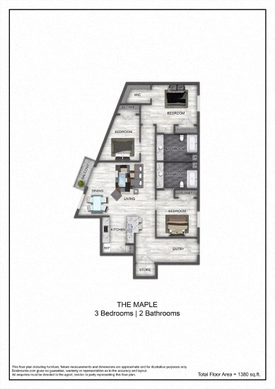 simulated floor plan of the maple 3 bedroom apartment