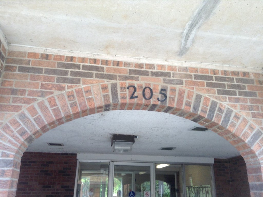 A brick archway with the number 205 painted on it.