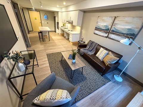 A living room with a grey couch and a coffee table.