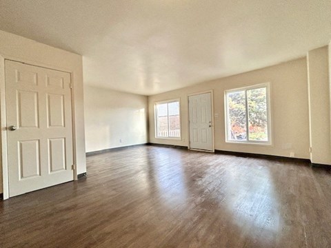 A room with a white door and a window with a view of trees.