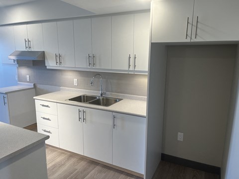 A kitchen with white cabinets and a sink.