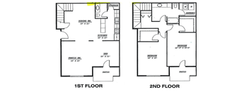 the second floor floor plan of a town house with two bedrooms and two bathrooms