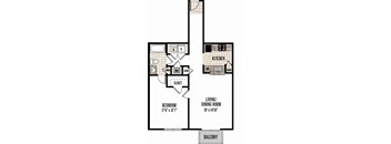 A floor plan of a home with a bedroom, living/dining room, kitchen, and balcony.