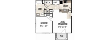 A floor plan of a small apartment with a bedroom, living/dining room, kitchen, and bathroom.