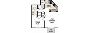 A floor plan of a home with a bedroom, living/dining room, kitchen, and closets.