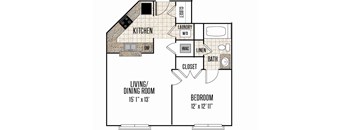 A floor plan of a small apartment with a living room, kitchen, bathroom, and bedroom.