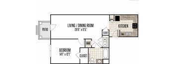 A floor plan of a small apartment with a living room, kitchen, bedroom and bathroom.