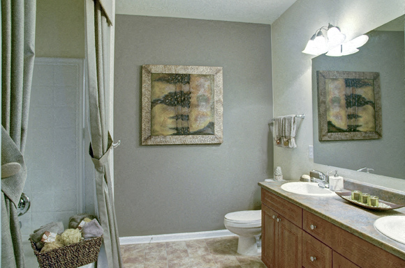 Bathroom with Double Vanity Sink and Vinyl Tile Flooring