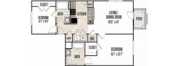 A floor plan of a house with two bedrooms, a living room, a kitchen, a bathroom, a pantry, and a patio.