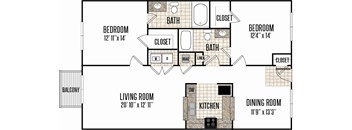 A floor plan of a house with two bedrooms, a living room, a dining room, a kitchen, and a balcony.