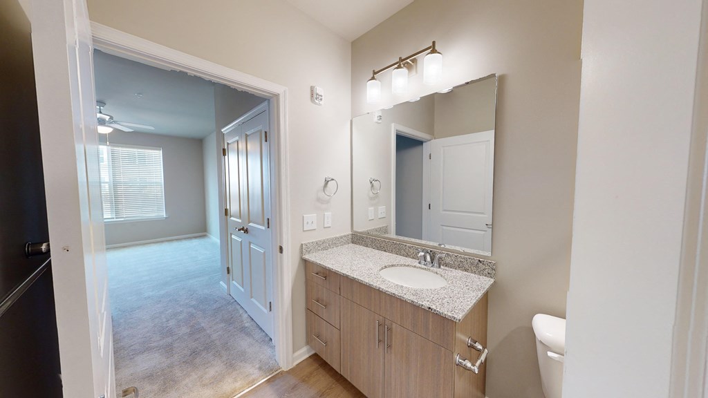 a bathroom with a large mirror and a sink