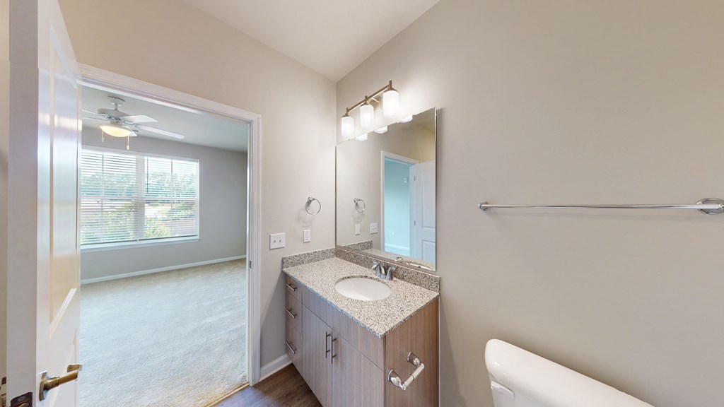 a bathroom with a large mirror and a sink