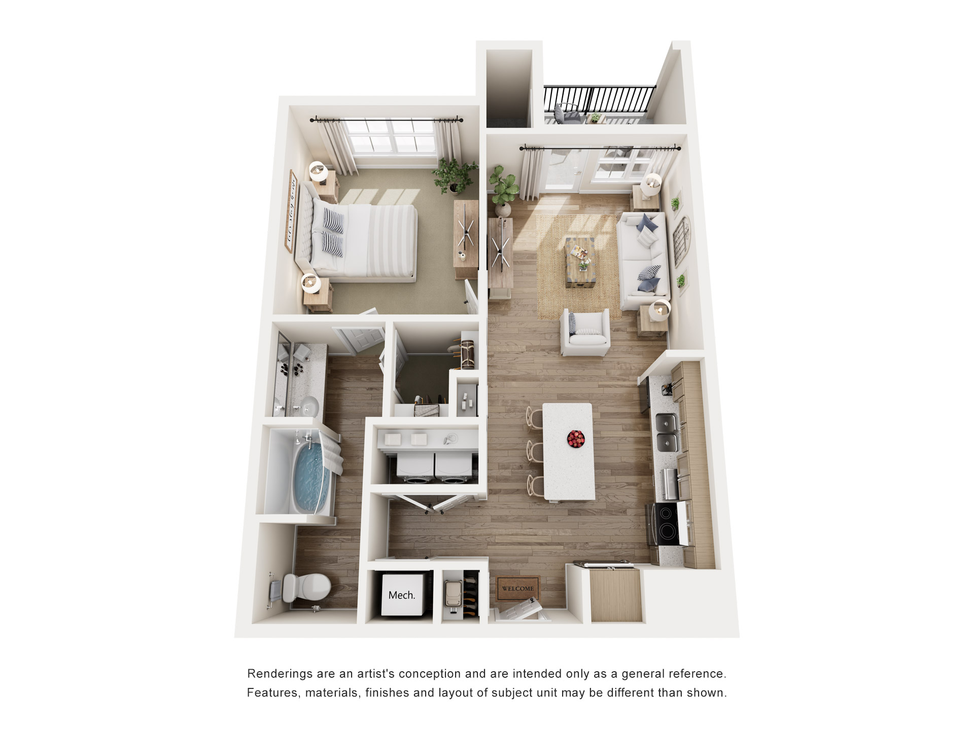 A floor plan of a house with a kitchen, living room, and two bedrooms.