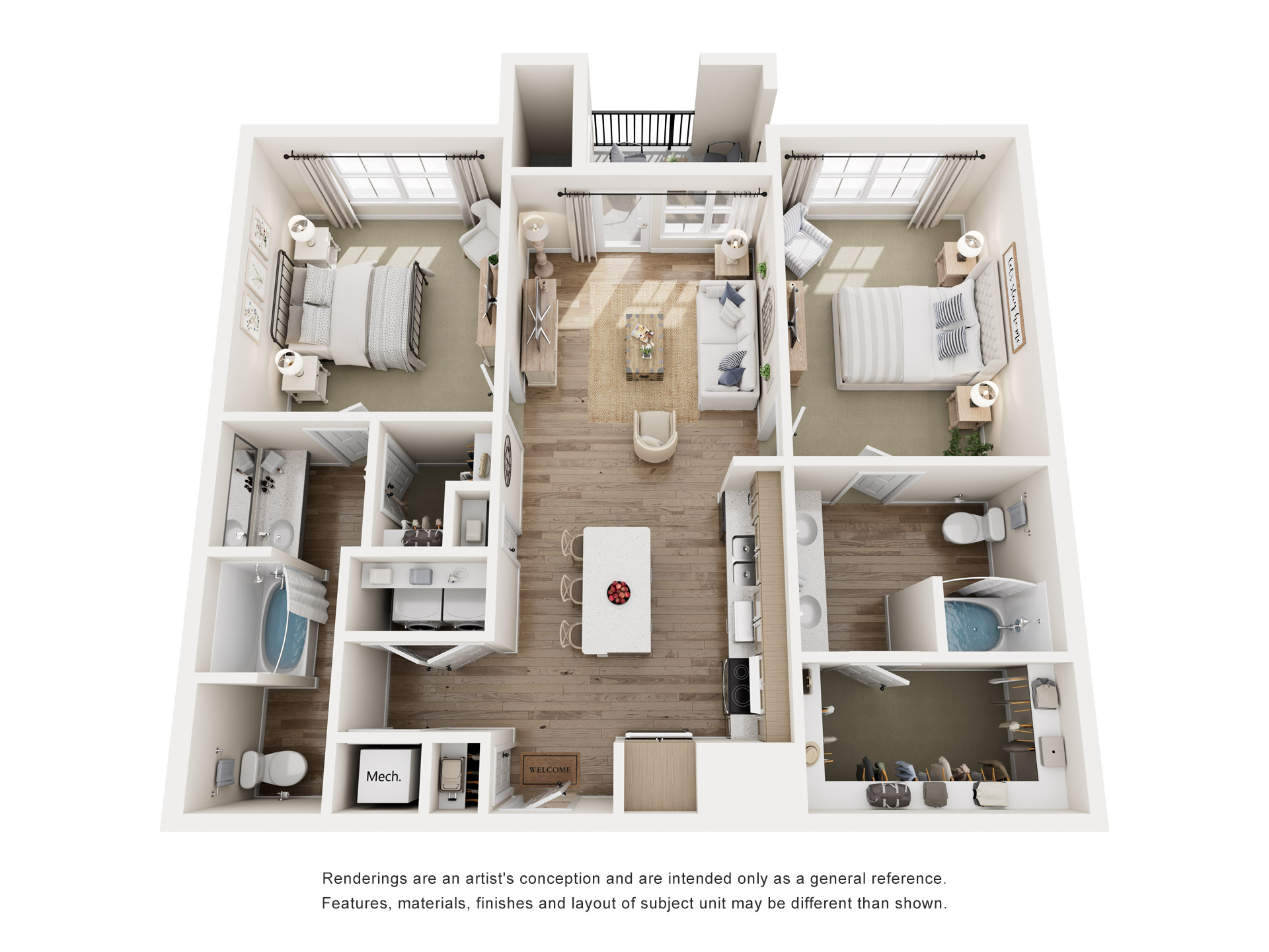 A 3D floor plan of a house with a kitchen, living room, and two bedrooms.