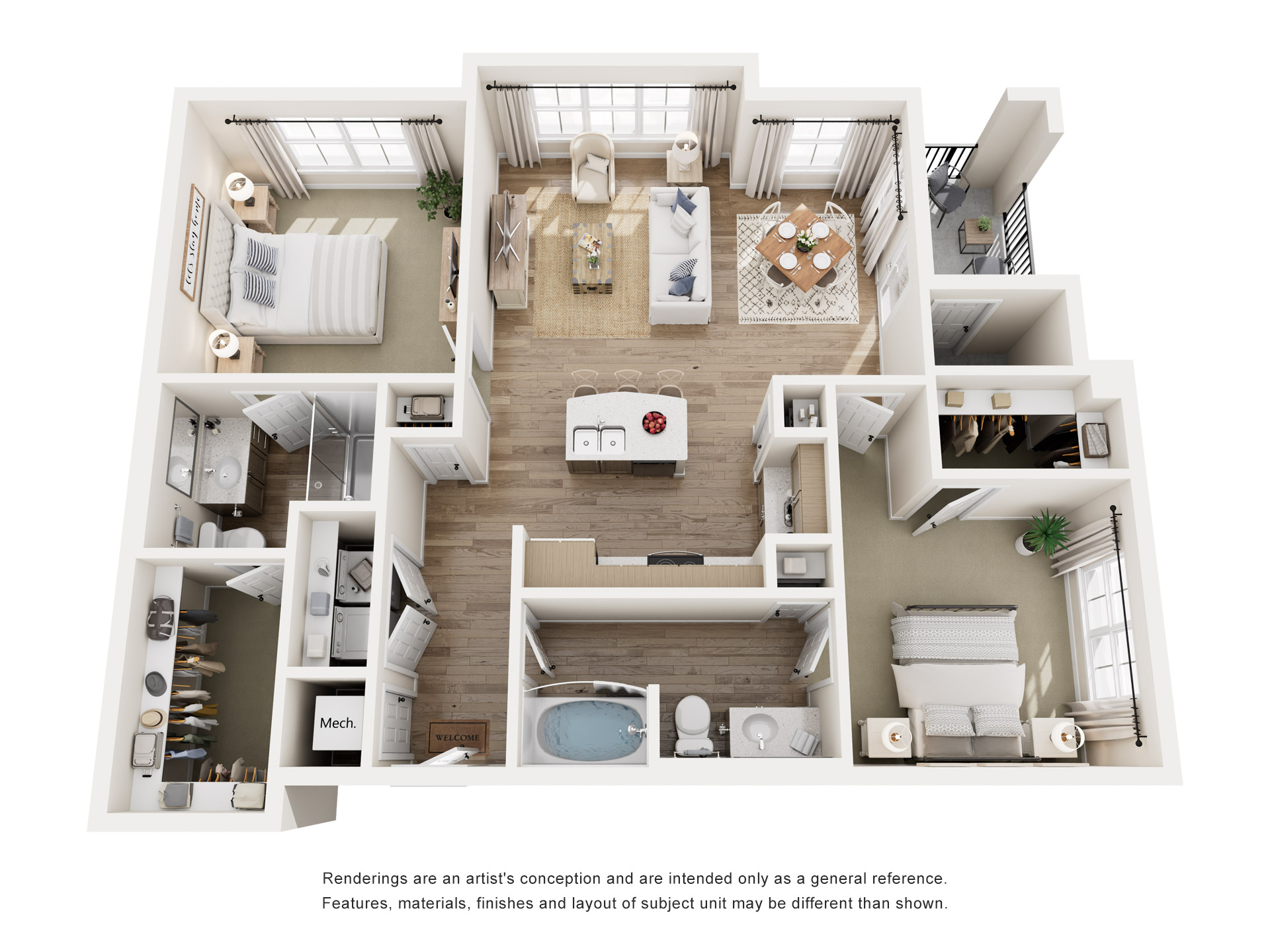 A top-down view of a modern apartment layout with a kitchen, living room, and bedrooms.