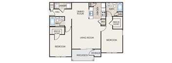 A floor plan of a house with a living room, dining room, kitchen, two bedrooms, a bathroom, a walk-in closet, a laundry room, and a storage area.