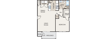 A floor plan of a house with a living room, dining room, kitchen, bathroom, and bedroom.