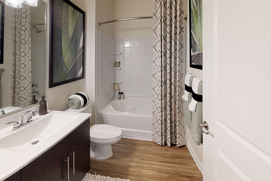 Bathroom with dark cabinets, sink and garden-style bathtub